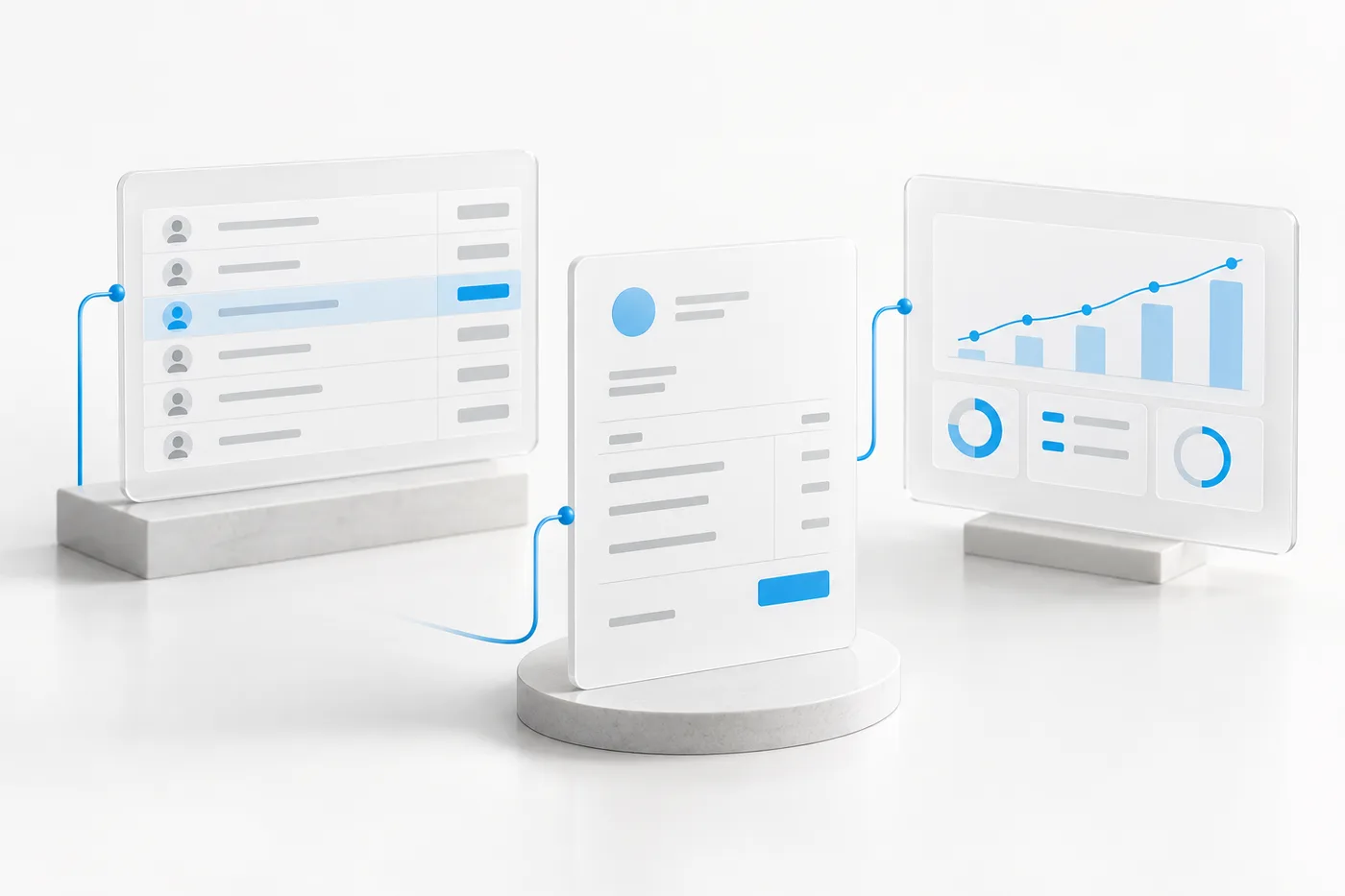 Ilustrasi data klien, invoice, dan dashboard yang saling terhubung dalam aplikasi internal
